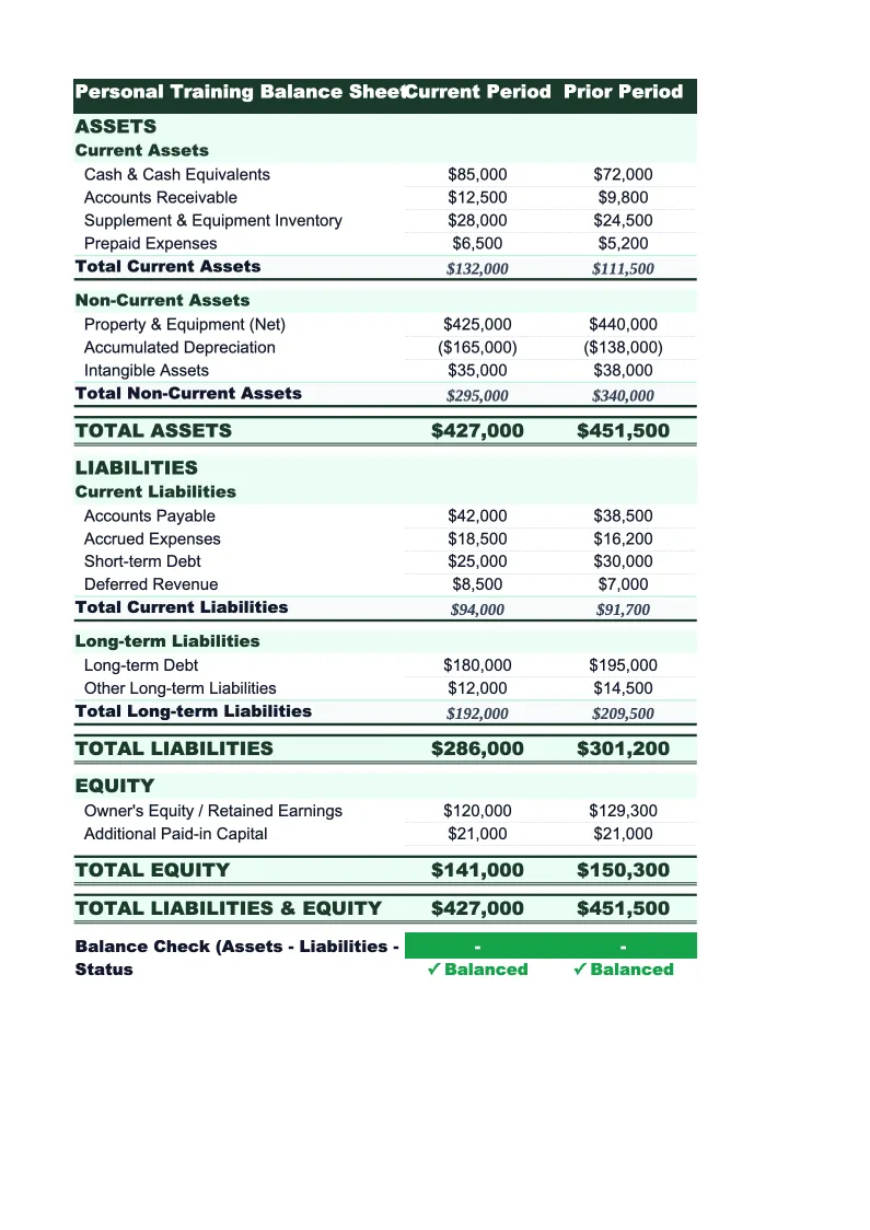 Personal Training Balance Sheet Template preview