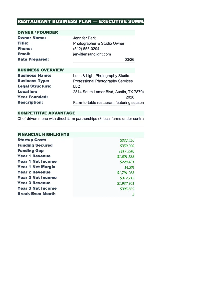 Photography Business Plan Template preview