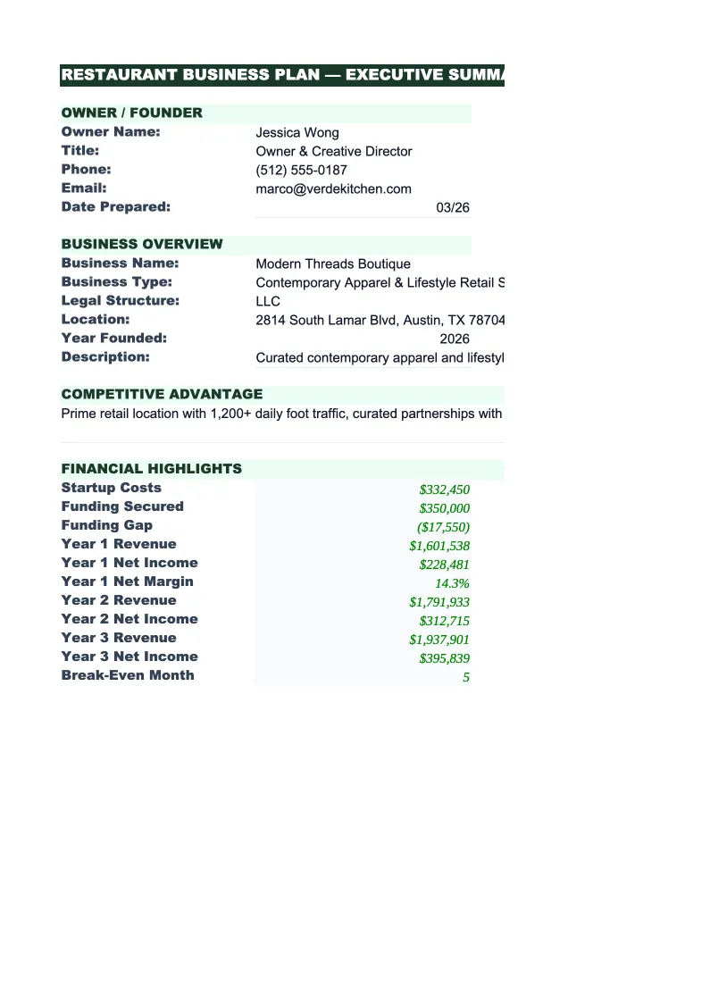 Retail Business Plan Template preview