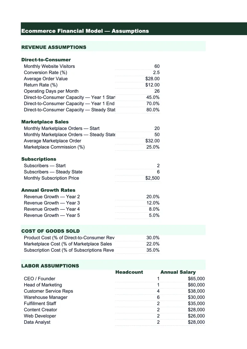 Ecommerce Financial Model Template preview
