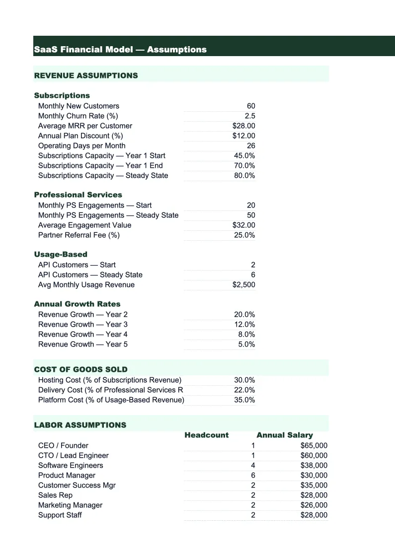 SaaS Financial Model Template preview