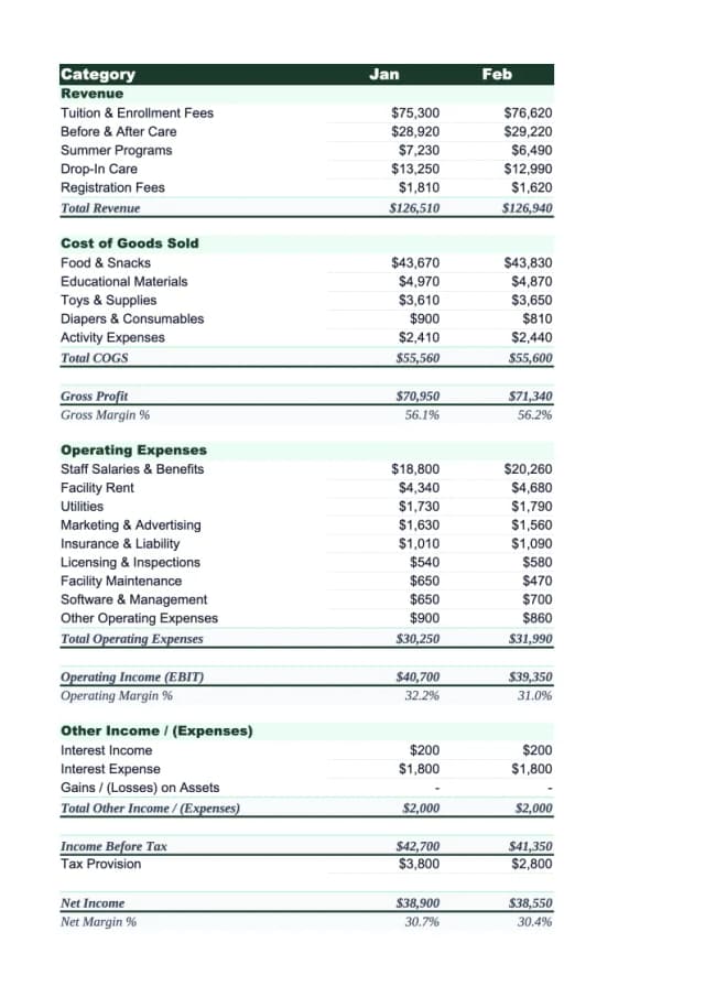 Daycare Income Statement Template preview