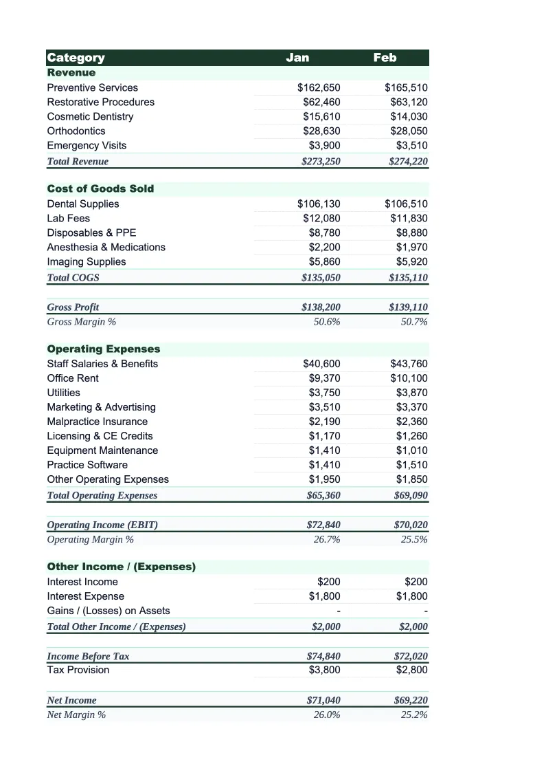 Dental Practice Income Statement Template preview