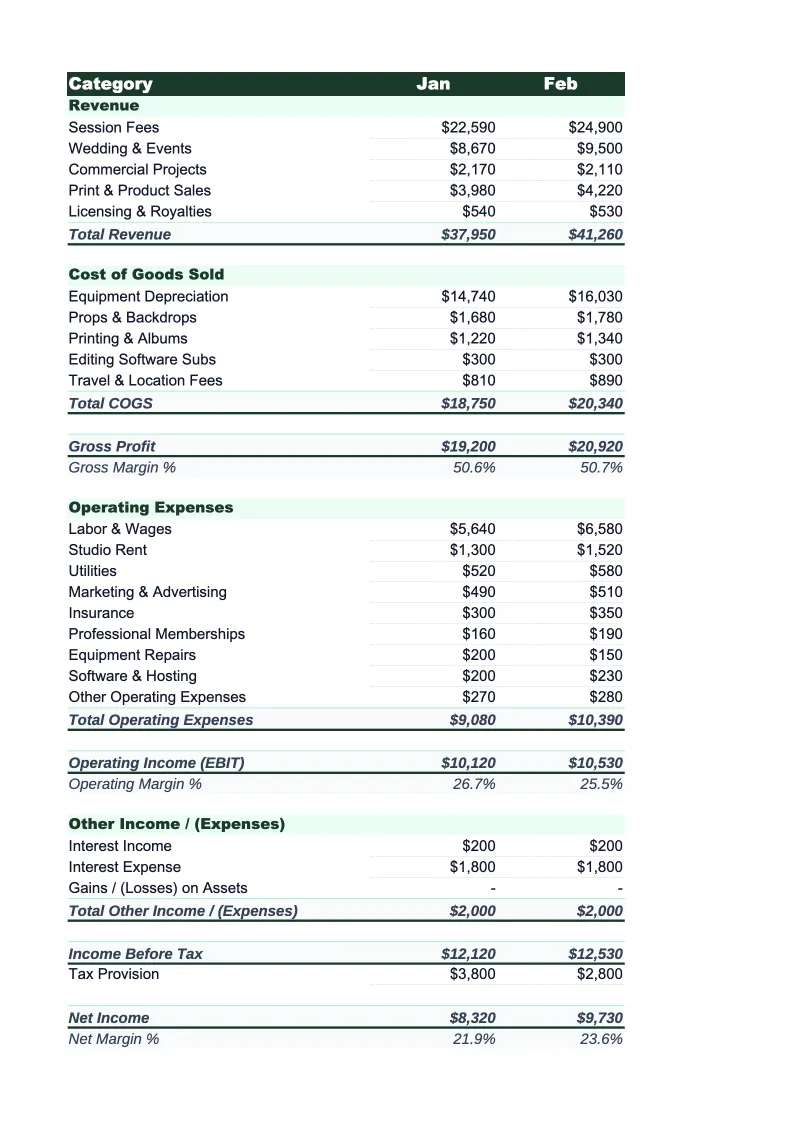 Photography Income Statement Template preview