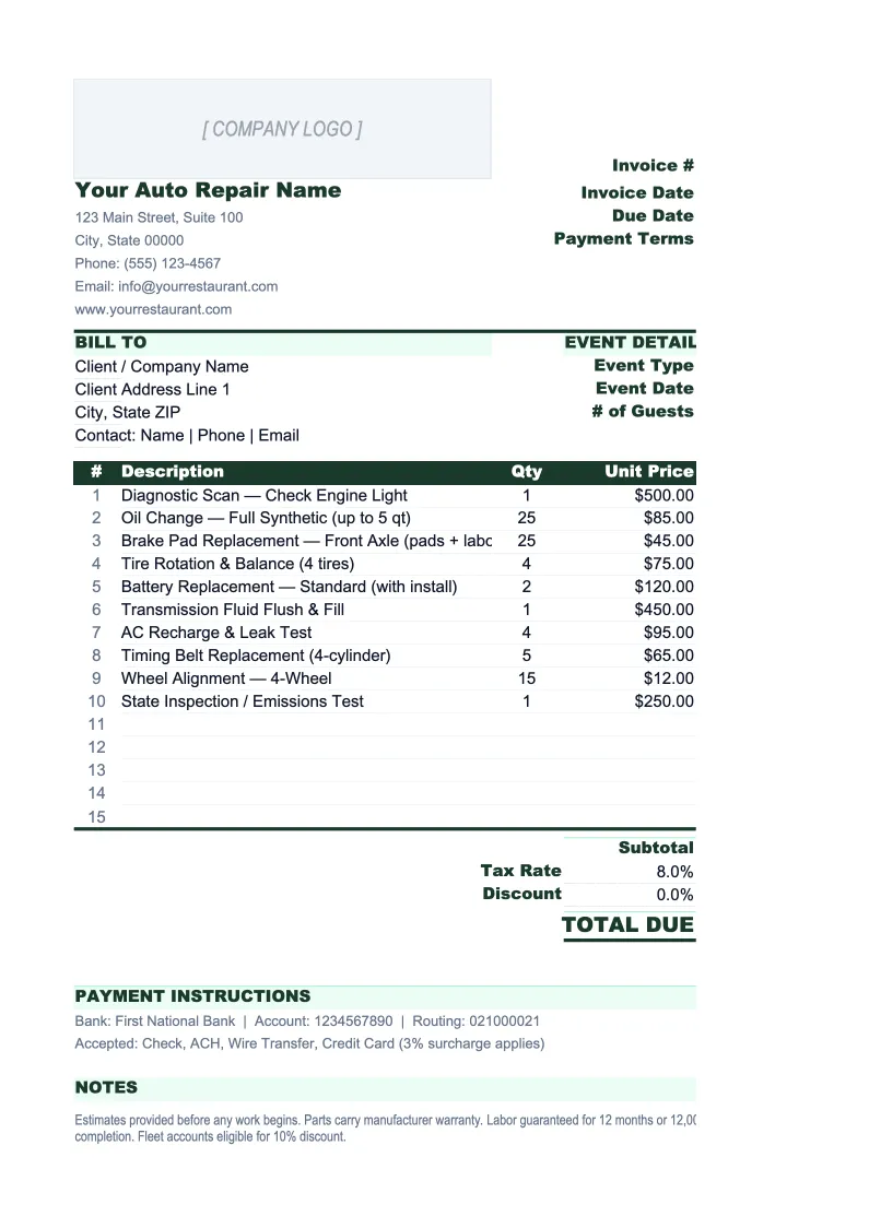 Auto Repair Invoice Template preview