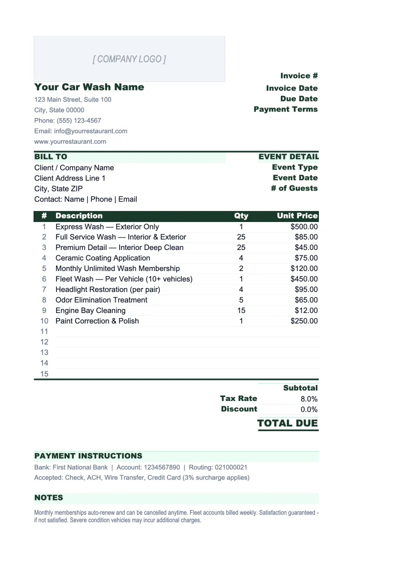 Car Wash Invoice Template preview