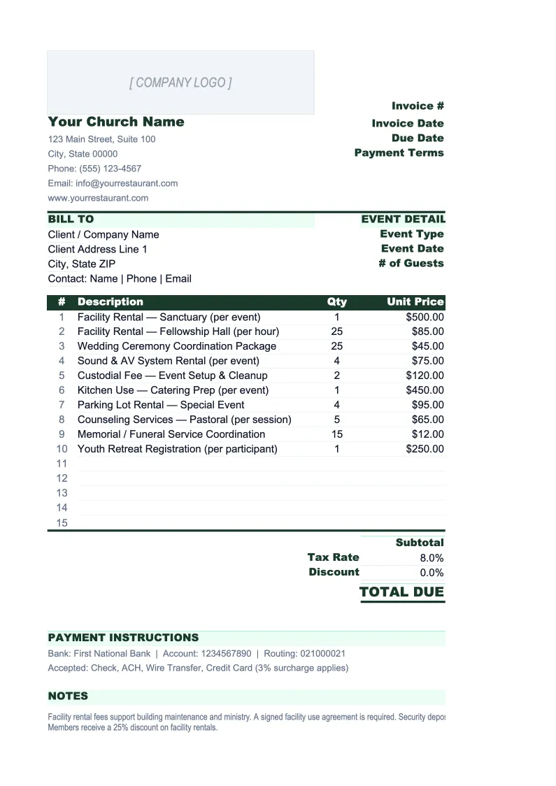 Church Invoice Template preview