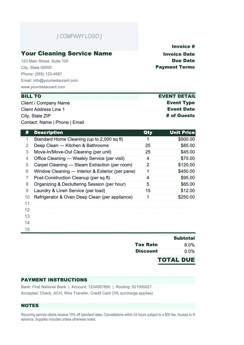 Cleaning Service Invoice Template preview
