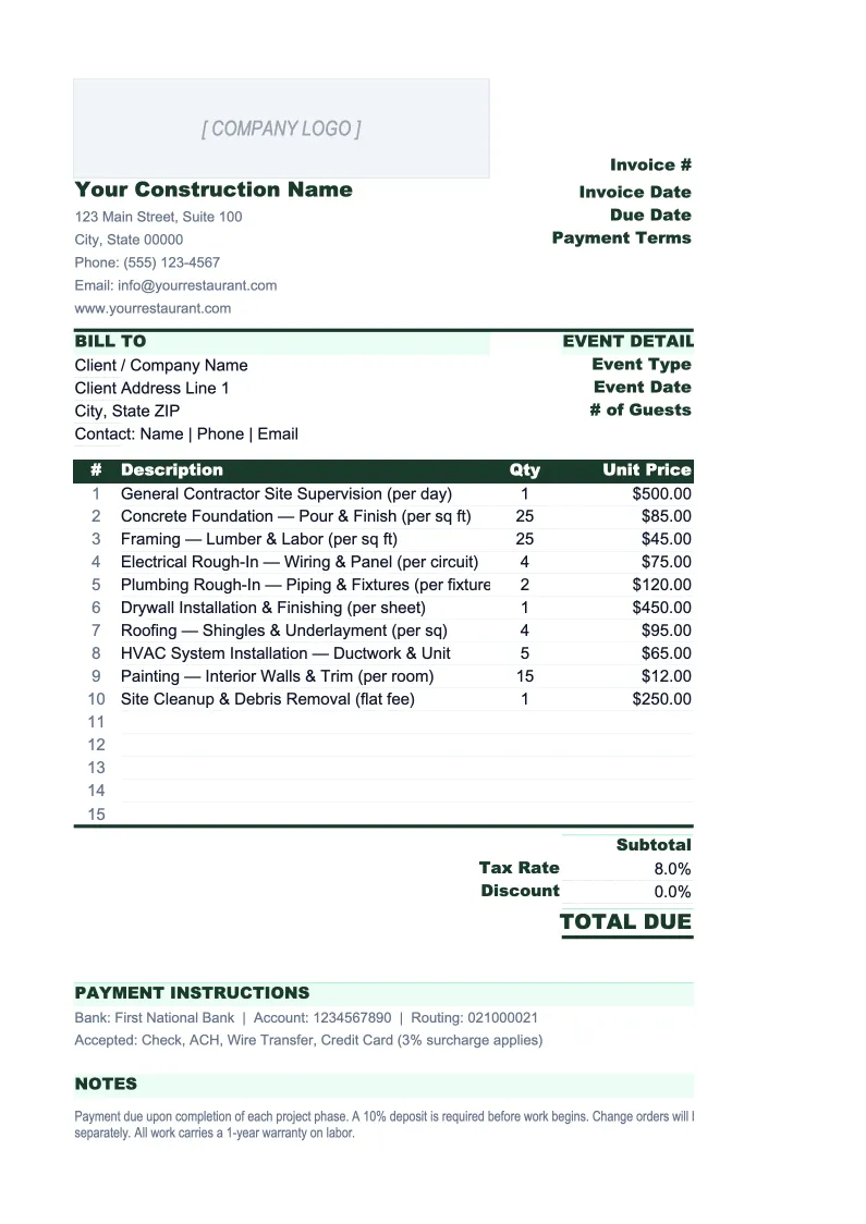 Construction Invoice Template preview