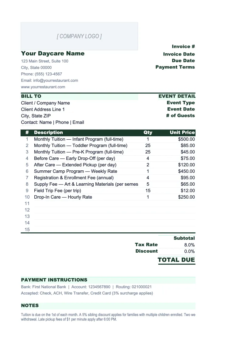 Daycare Invoice Template preview
