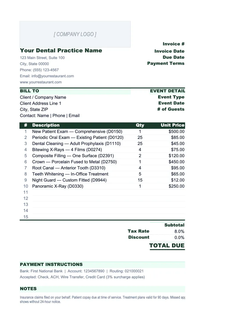 Dental Practice Invoice Template preview