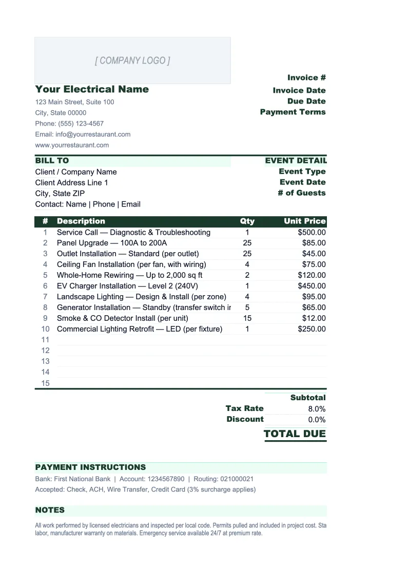 Electrical Invoice Template preview