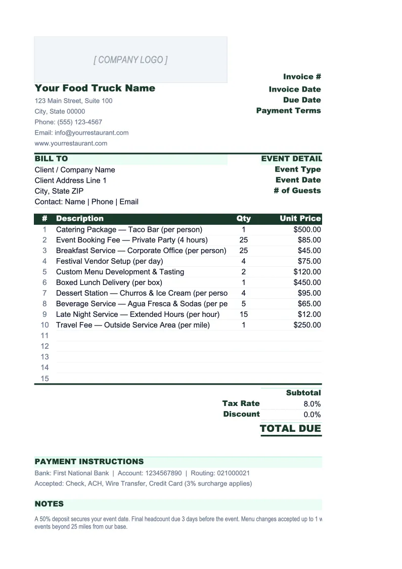 Food Truck Invoice Template preview