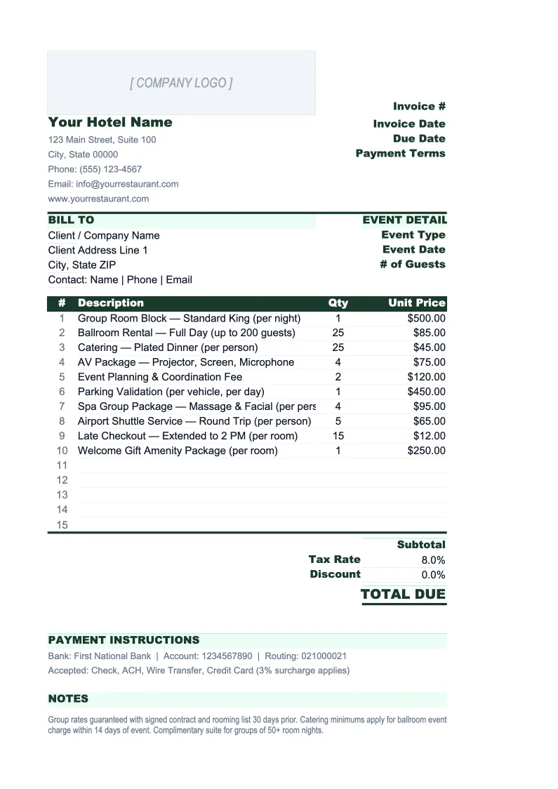 Hotel Invoice Template preview