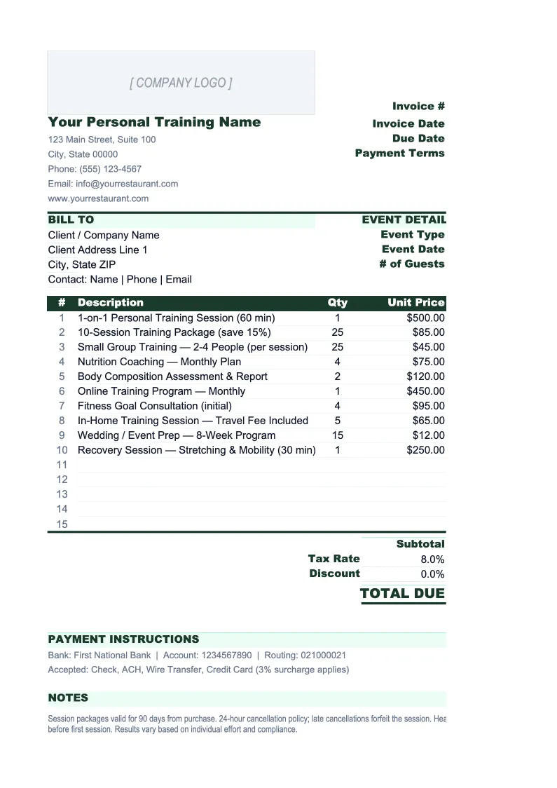 Personal Training Invoice Template preview