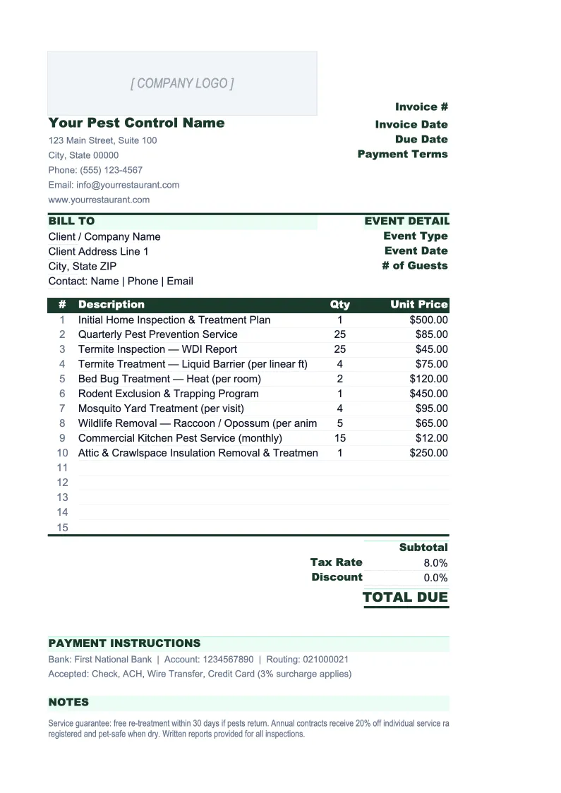 Pest Control Invoice Template preview