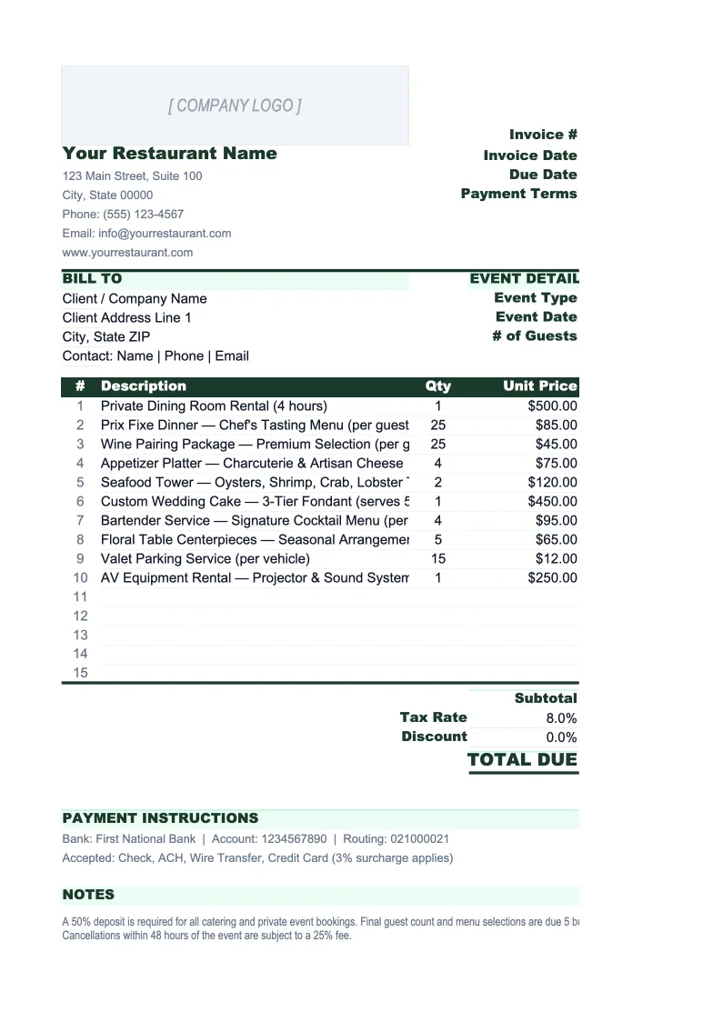 Restaurant Invoice Template preview