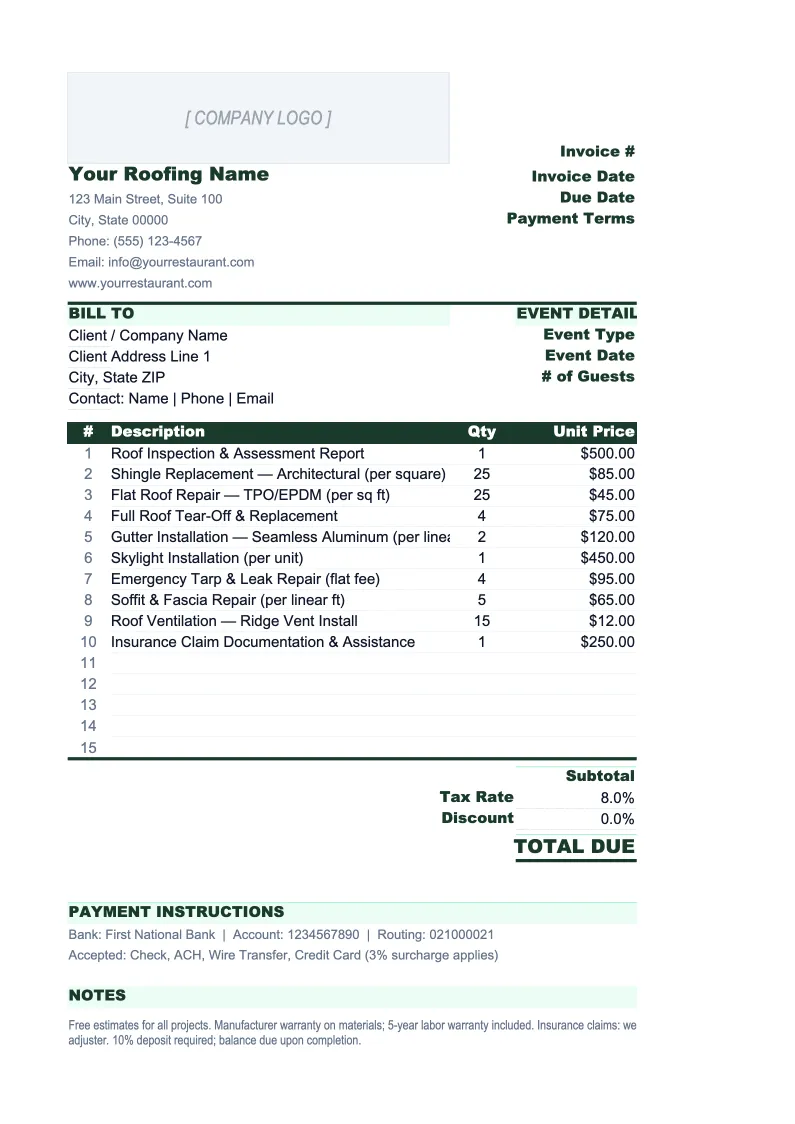 Roofing Invoice Template preview
