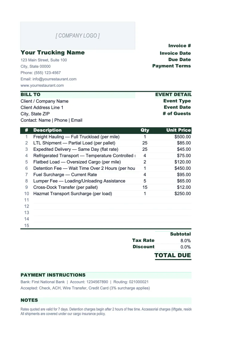 Trucking Invoice Template preview