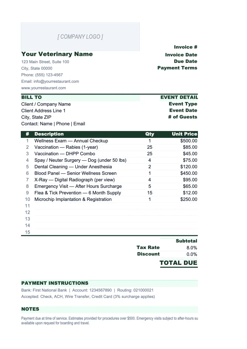 Veterinary Invoice Template preview