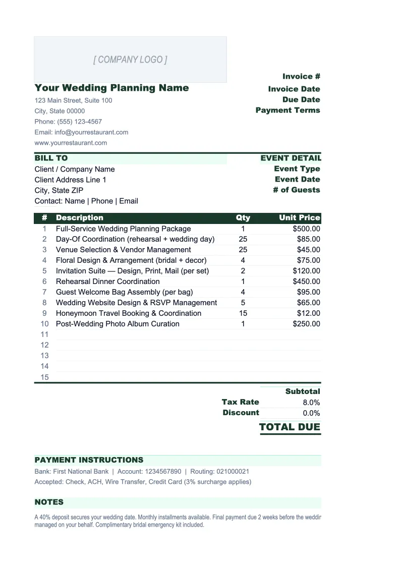 Wedding Planning Invoice Template preview
