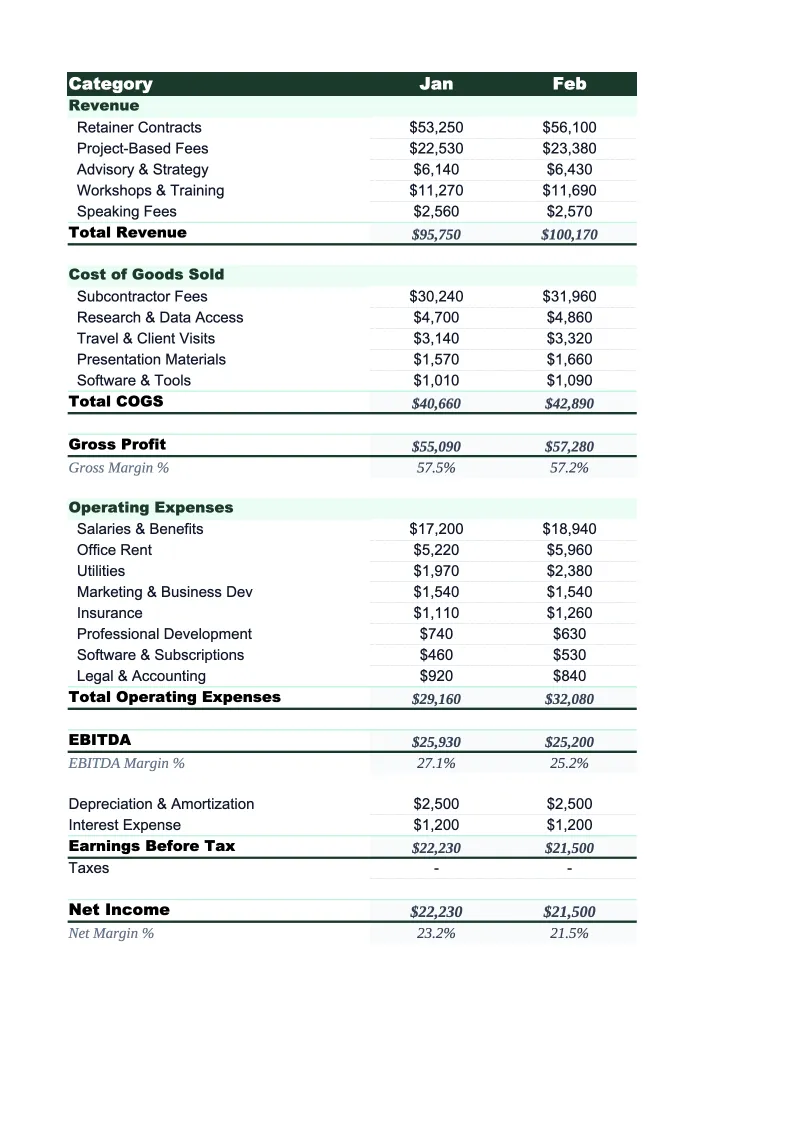 Consulting P&L Template preview