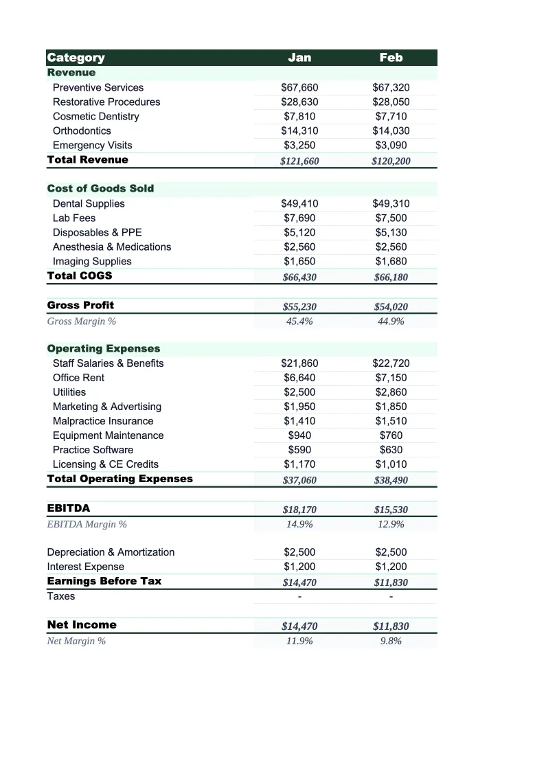 Dental Practice P&L Template preview
