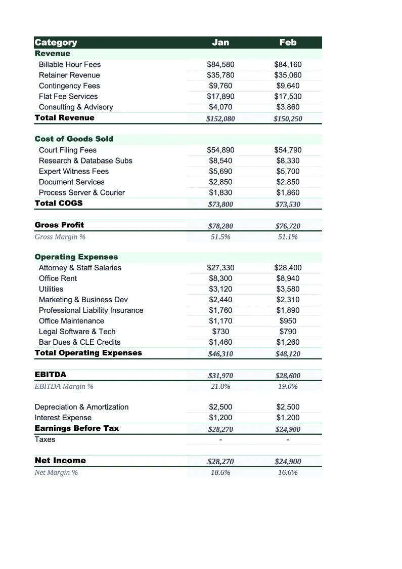 Law Firm P&L Template preview