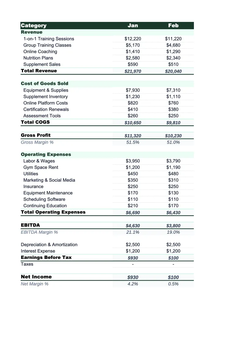 Personal Training P&L Template preview