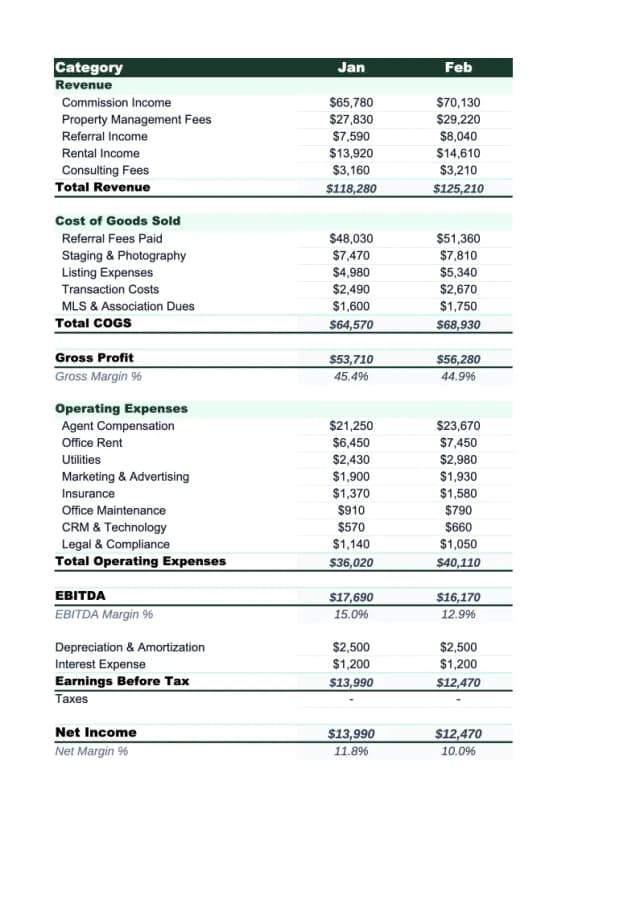 Real Estate P&L Template preview