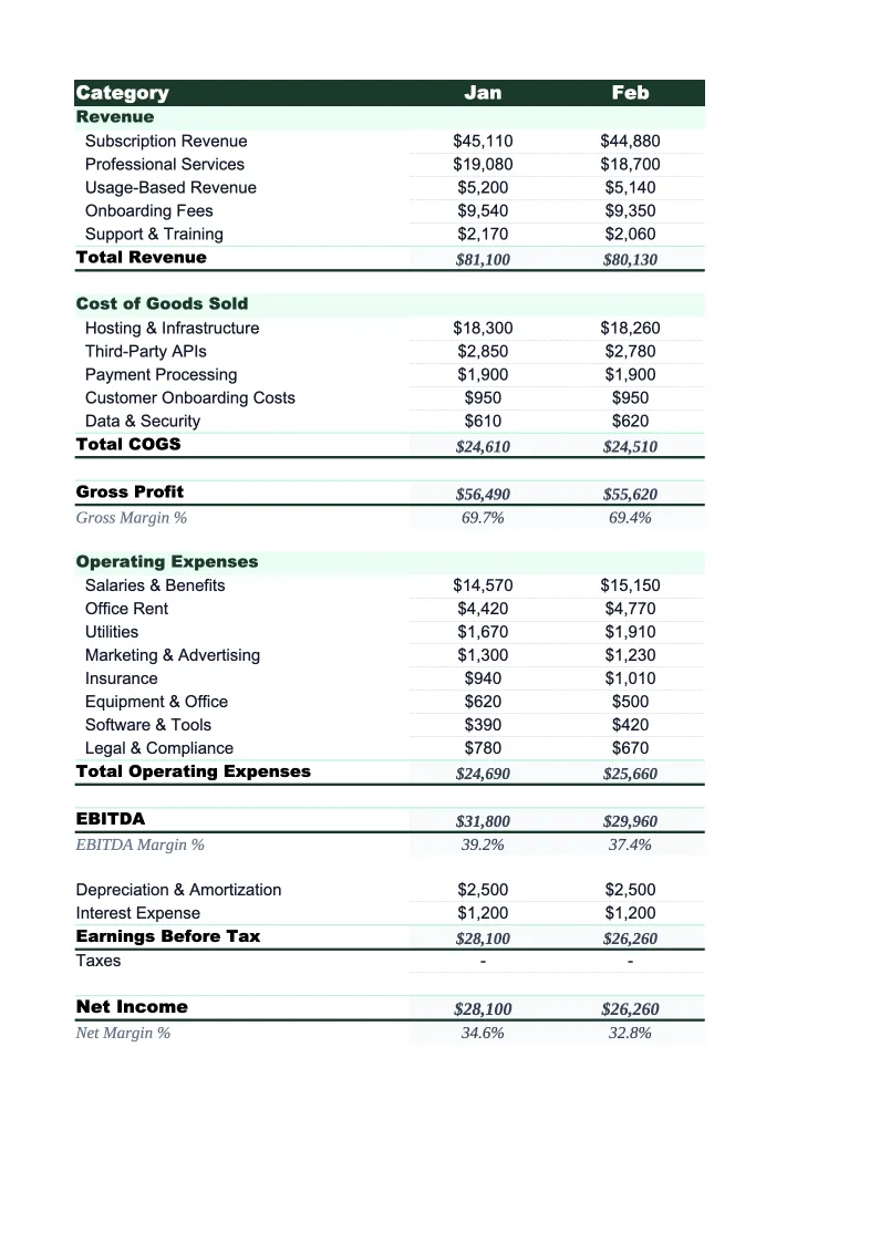 SaaS P&L Template preview
