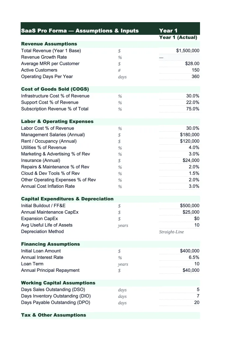SaaS Pro Forma Template preview