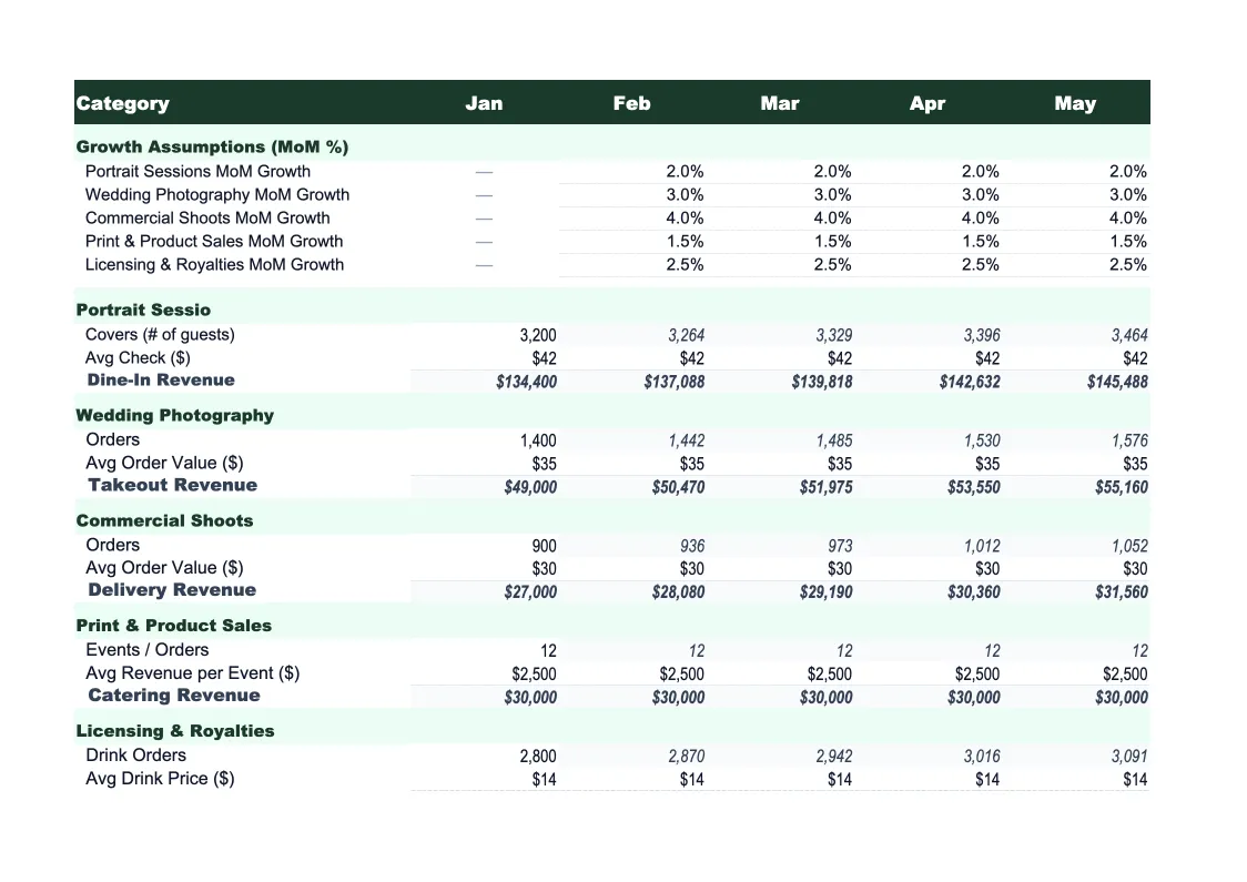Photography Sales Forecast Template preview