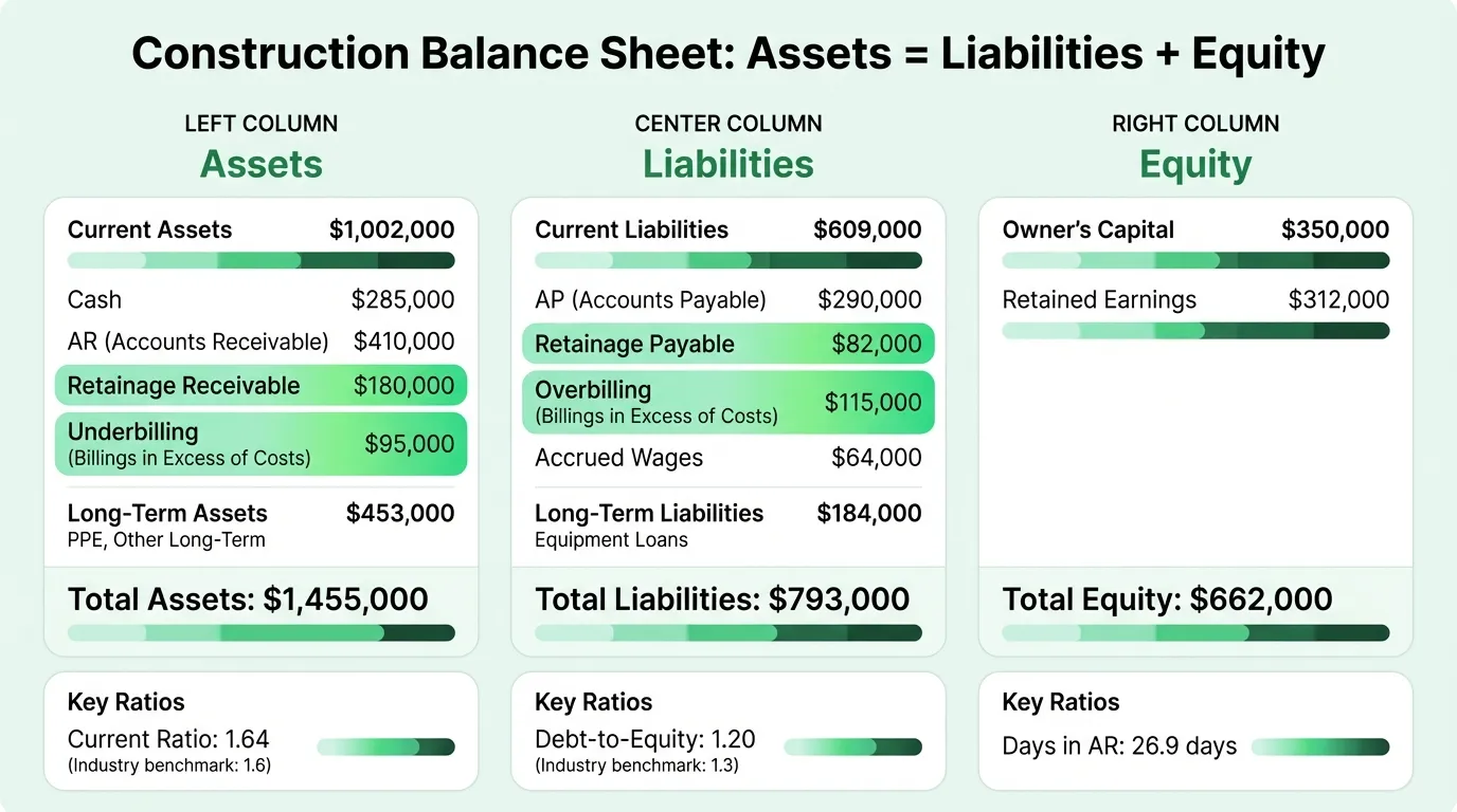 Construction balance sheet structure with assets, liabilities, and equity