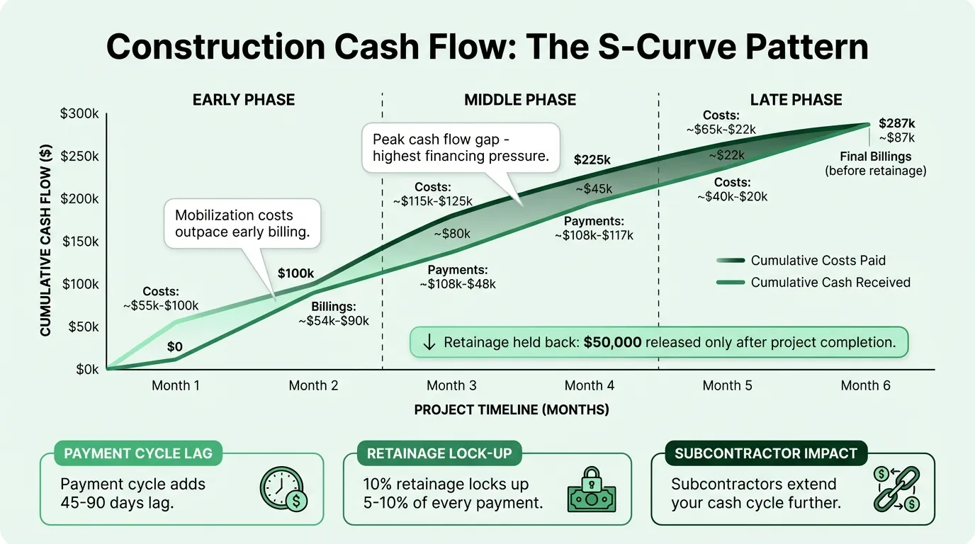 Construction cash flow timeline showing payment delays and retainage impact